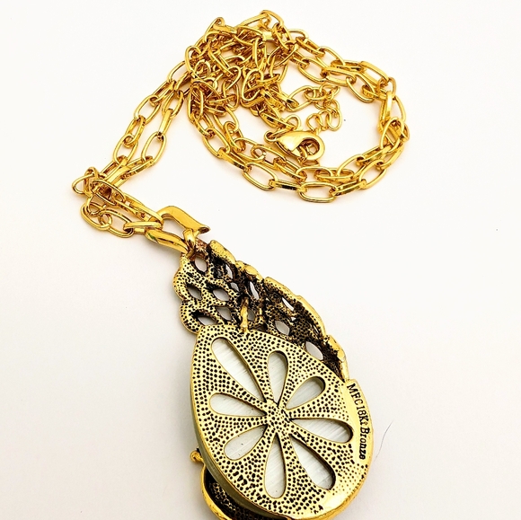 18k Gold Plated Large White Glass Teardrop Rhinestone Peacock Pendant Necklace - Picture 6 of 9